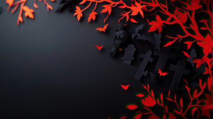 A striking composition of red leaves and black silhouettes against a dark background, ideal for Halloween or autumn themes.
