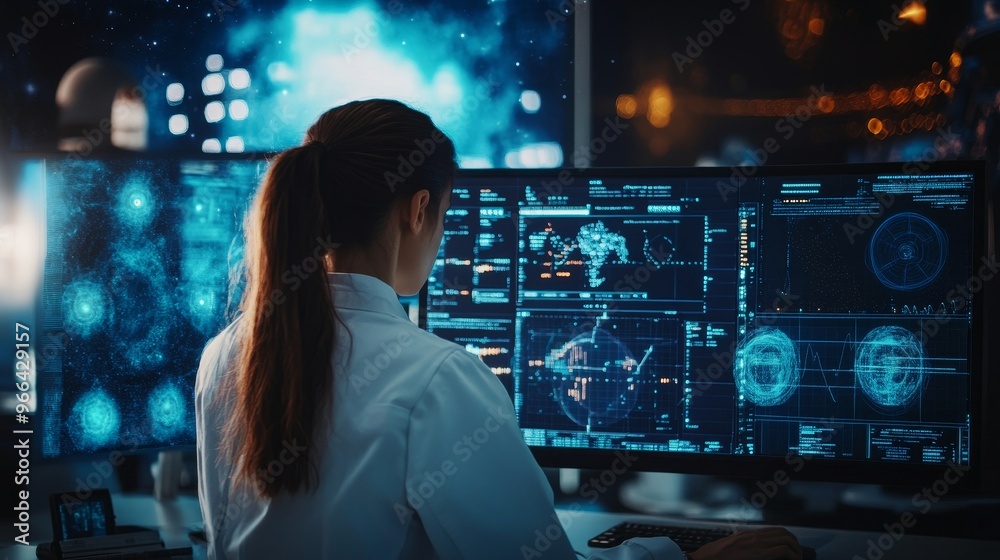 Poster a scientist analyzes data on multiple screens, showcasing advanced technology and research in a high