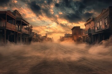 An old western town at sunset with dusty streets and vintage buildings