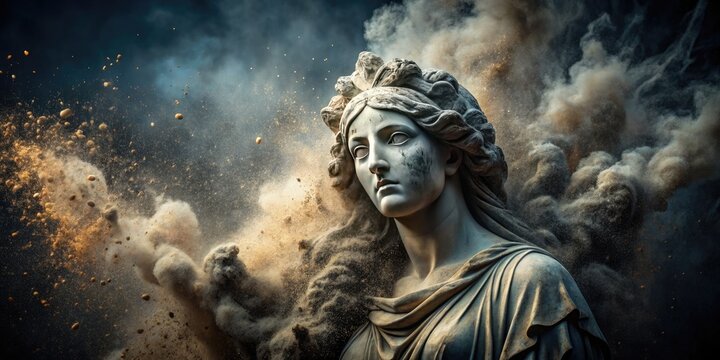 Fragmented, swirling clouds of dust and debris surround a crumbling, worn stone statue, as if exploding from within, against a dark, muted background.