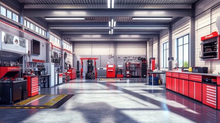 A modern workshop filled with tools and equipment for automotive or mechanical work.