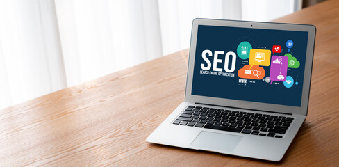 SEO search engine optimization for modish e-commerce and online retail business showing on computer...