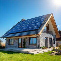 Obraz premium Sustainable modern house incorporating solar panels and eco-friendly materials