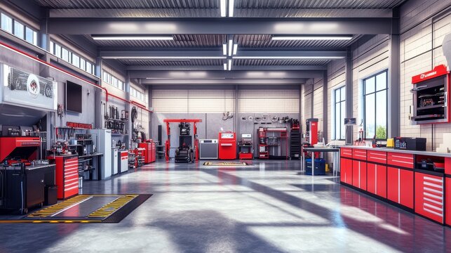 A modern workshop filled with tools and equipment for automotive or mechanical work.