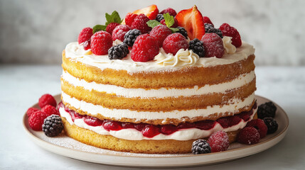 Layered sponge cake with whipped cream, berry jam and fresh raspberries, blackberries and strawberries on top