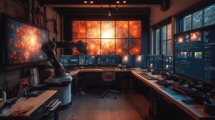 futuristic art studio with robotic arm creating digital artwork on large screens discarded paintbrushes and canvases symbolize the transition from traditional to aigenerated art