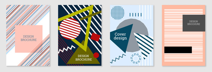 WebSet of cover design in Memphis style. Geometric design, abstract background. Fashionable bright cover, banner, poster, booklet. Creative colors.