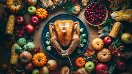 Fototapeta premium Thanksgiving Feast with Roasted Turkey and Traditional Side Dishes