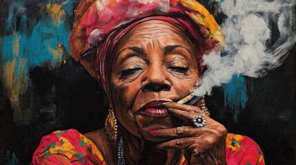 Colorful portrait painting of an old afro woman with a colorful headscarf smoking a cigarillo, representing the santeria religion