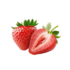 Fresh strawberries with one cut in half, showcasing the juicy interior and vibrant red color. Perfect for food photography. transparent background