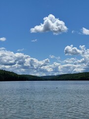 View of mountains in the distance over a lake