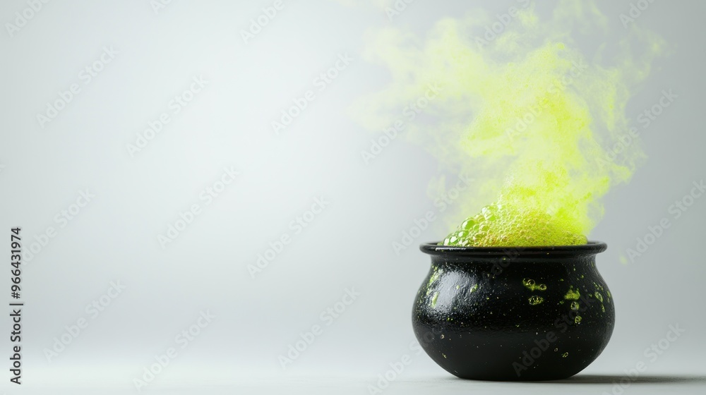 Wall mural a black cauldron emitting vibrant green smoke, suggesting magic or potion-making.