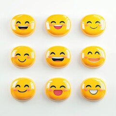 Naklejka premium Cheerful collection of nine vibrant smiley face icons arranged in a grid, perfect for expressing emotions and enhancing digital communication or design in a playful way