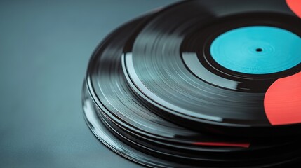 Close-up of classic vinyl records with one blue label