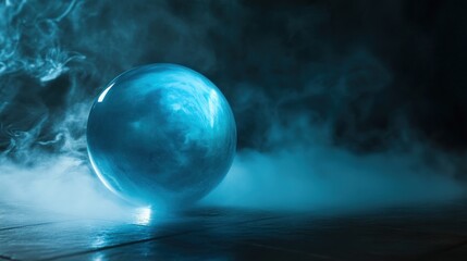 A glowing blue sphere surrounded by mist, creating a mystical atmosphere.