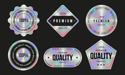 Obraz premium Set of color holographic sticker templates, label with holographic effect. Shiny rainbow emblems for premium quality product. Vector illustration