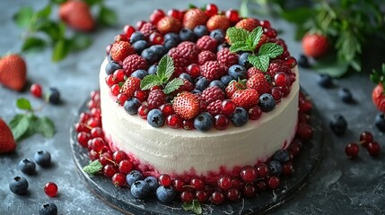   A macro shot of a cake on a platter, featuring fresh berries and mint garnish on the surface and more berries on the base