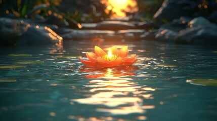   A water lily floats atop water, bathed by sunlight, while rocks surround it