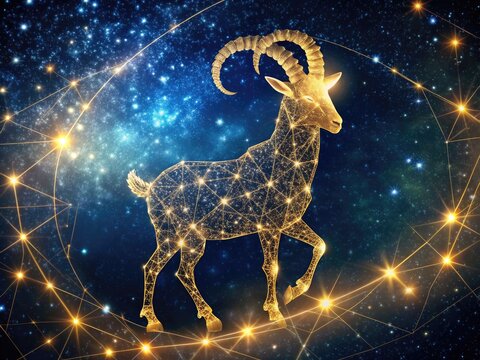 Golden-horned goat silhouette set against a starry night sky, surrounded by subtle sparkling constellations, symbolizing ambition, discipline, and responsibility of the Capricorn zodiac sign.