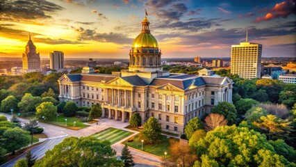 Fototapeta premium Golden light illuminates the majestic neoclassical architecture of the Georgia State Capitol building in Atlanta, surrounded by lush greenery and towering trees.