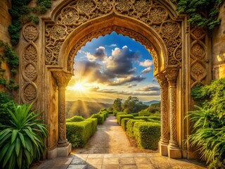 Fototapeta premium Golden light pours through a stunning arched stone doorway, adorned with intricate carvings, set against a backdrop of lush green foliage and cloudy blue skies.