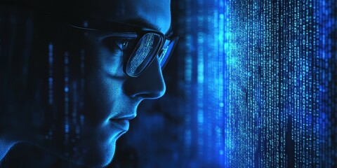 Person analyzing digital data in a futuristic environment at night