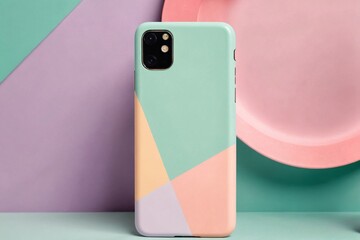 Sleek smartphone with pastel-colored case on a matching background