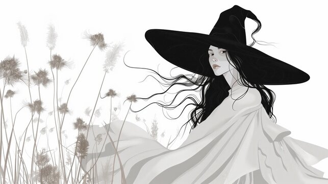 Ilustraci&oacute;n de bruja con cabello largo. Con un vestido blanco sobre campo de flores. Se destaca con un sombrero negro sobre colores blancos y claros. Halloween.