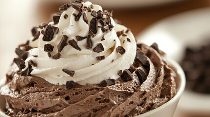   Close-up of cup filled with ice cream, whipped cream, and chocolate sprinkles