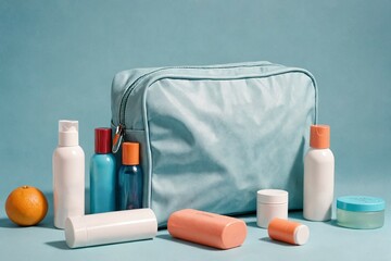 Simple travel toiletry bag on a pastel blue backdrop