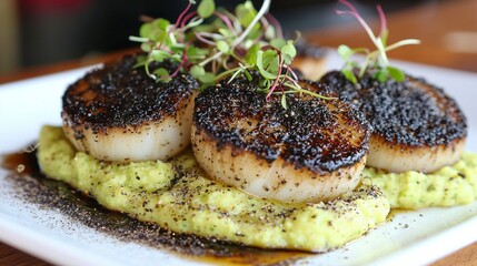   White plate with scallops, sauce & green garnish