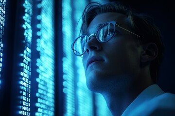 Young man analyzing digital data on glowing screens in a tech environment