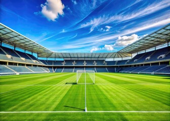 Green grass football field with crisp white lines and goalposts, surrounded by empty seats in a modern stadium under a bright blue sky.