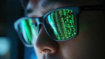 Asian cyber analyst focused on coding with green matrix code reflecting on glasses in a high-tech office