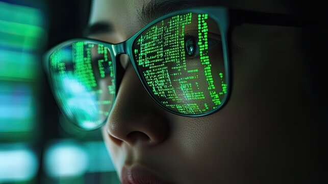 Asian cyber analyst focused on coding with green matrix code reflecting on glasses in a high-tech office