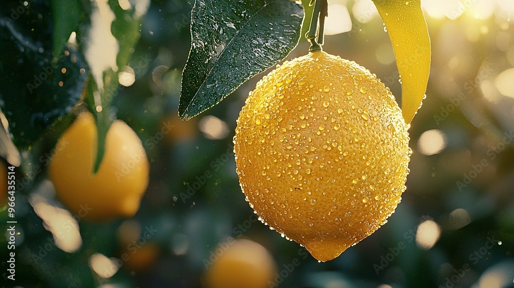 Wall mural   A close-up of a lemon dangling from a tree, dripping water against a lush green background