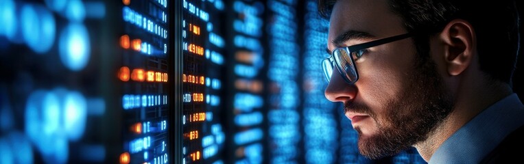 Man analyzing data on digital screens in a tech-driven environment