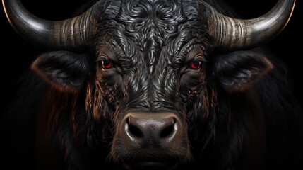 Naklejka premium Portrait of black bull on black background.