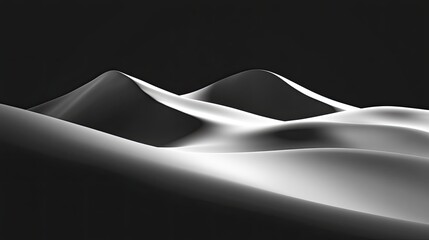 Bold black and white desert scene with sweeping dunes and deep shadows on a solid black background
