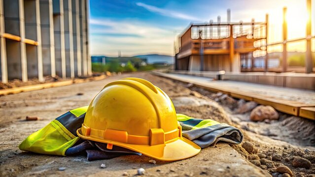 Hard hat and safety vest lying abandoned on a construction site, highlighting the importance of adhering to safety protocols in high-risk work environments. - Powered by Adobe