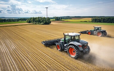 Two tractors working in a golden field under a bright sky, showcasing agricultural activity and rural landscape.