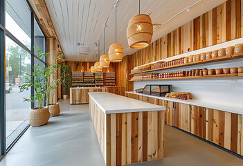 eco-friendly interior of the store, sustainable natural wood and snow-white surfaces, recycled wood on wall panels and shelves,	
