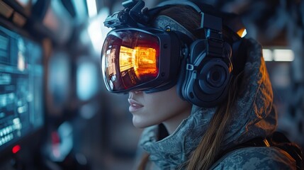 Engaging in a virtual reality cybersecurity training simulation in a high-tech environment