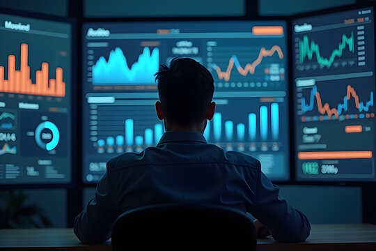 rear view of a man sitting in a data center