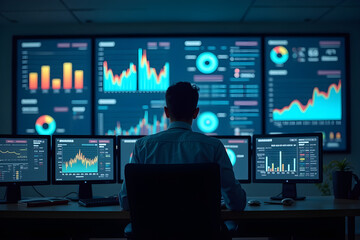 rear view of a man sitting in a data center