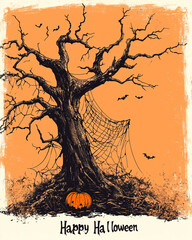 Halloween frame with dead tree and spider net, text "Happy Halloween"