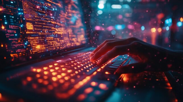 Futuristic hacker engaged in advanced coding on a holographic keyboard in a neon-lit environment