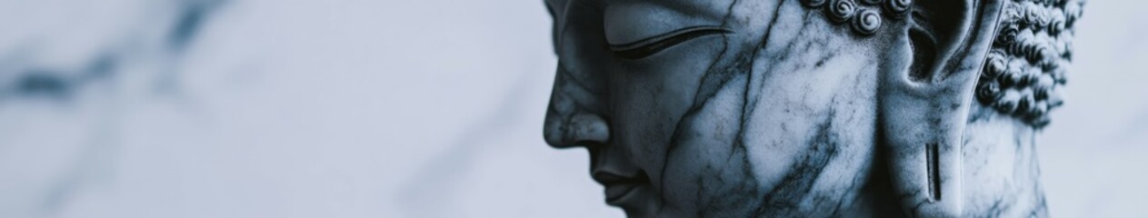 Fototapeta premium Marble Buddha statue showcasing serene expression in tranquil setting
