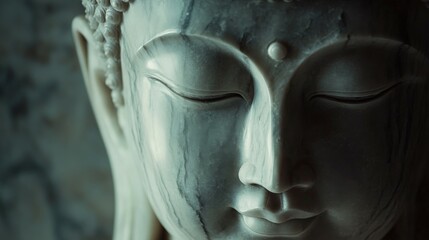 Marble Buddha statue captures serene expression in peaceful setting