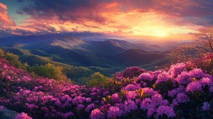Mountainous Landscape with a Sunset Sky and Pink Flowers